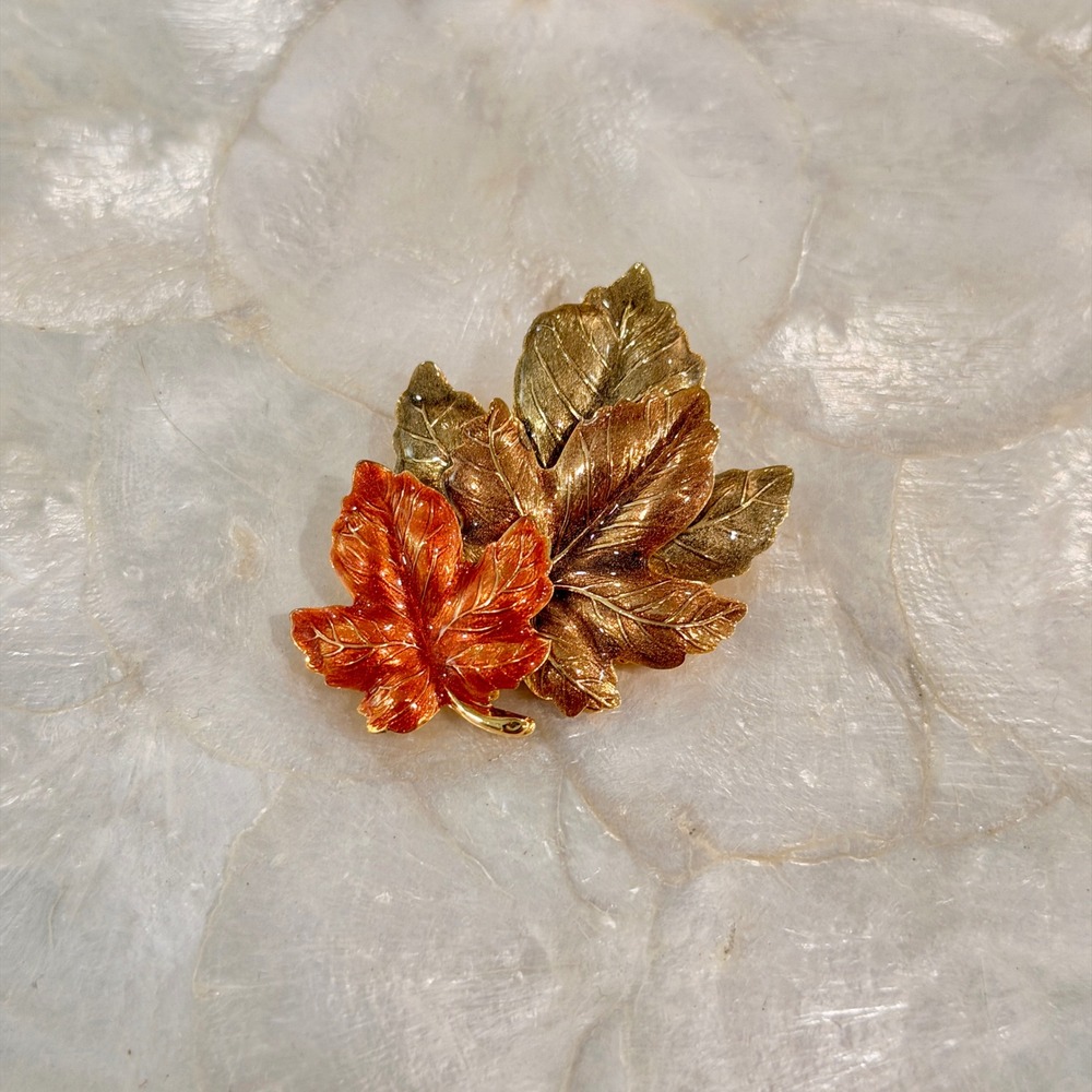 Vintage Fall Maple Leaf Brooch Gold Copper Orange Enamel Autumn Pin